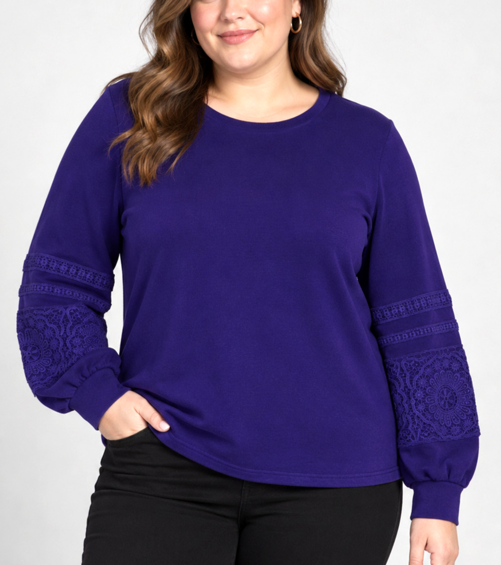 Chico’s Zenergy Women's Plus XXL Purple Lace Sleeve Cotton Sweatshirt Boho Top